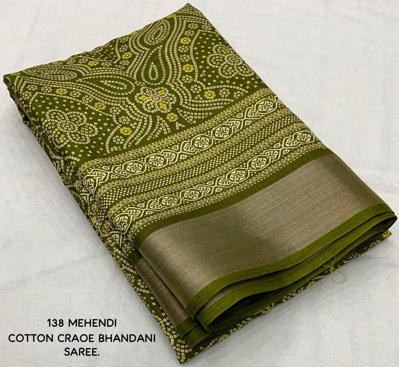 soft cotton crape Saree with bandhni prints and jaripattu woven border