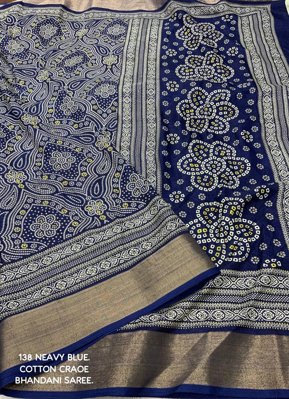 soft cotton crape Saree with bandhni prints and jaripattu woven border