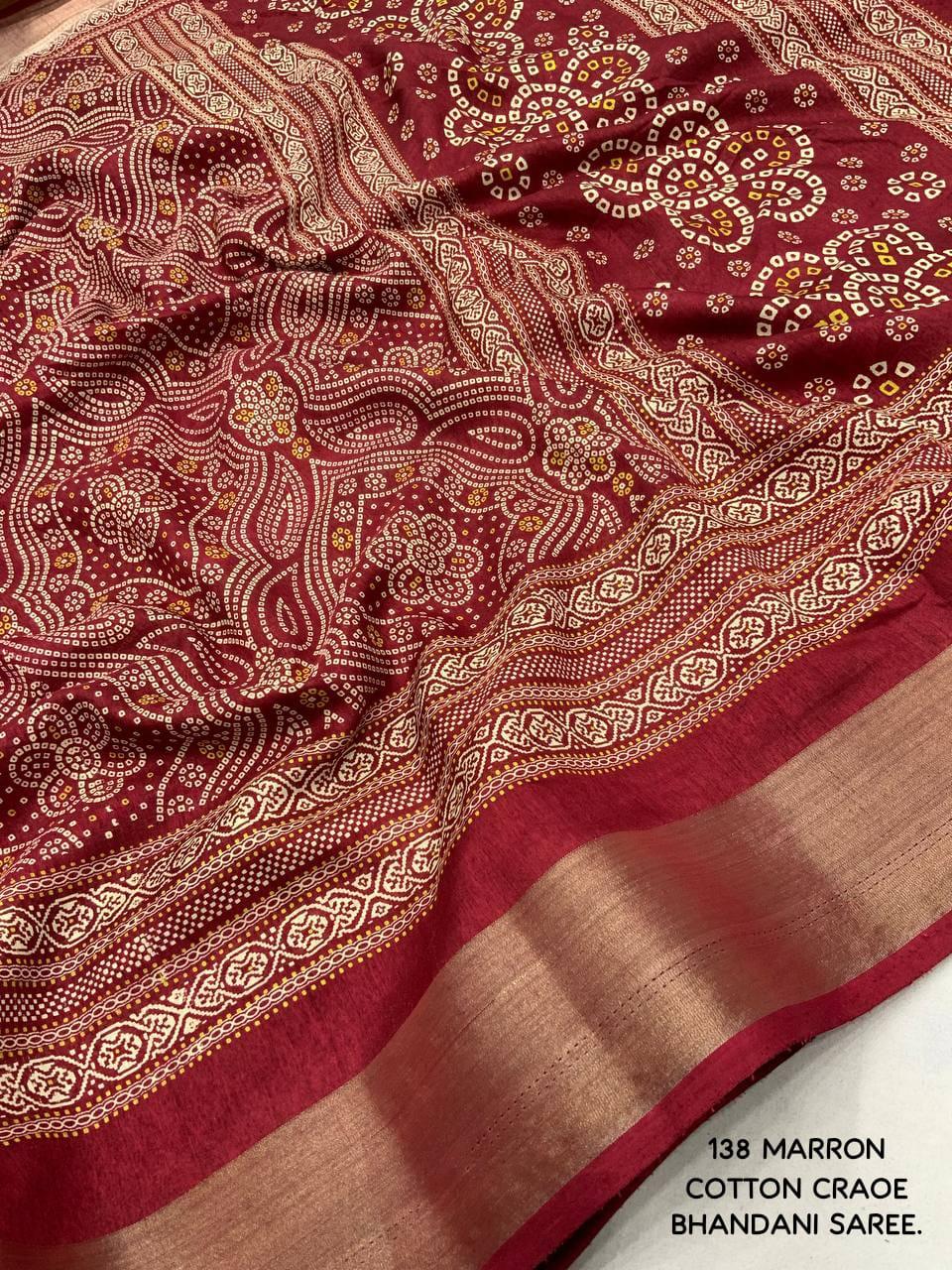 soft cotton crape Saree with bandhni prints and jaripattu woven border