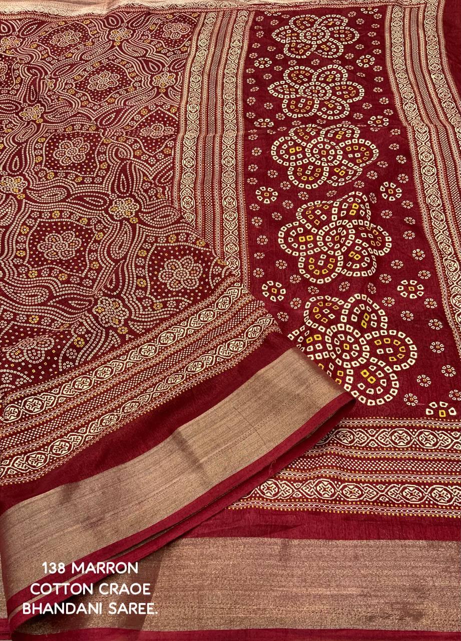 soft cotton crape Saree with bandhni prints and jaripattu woven border