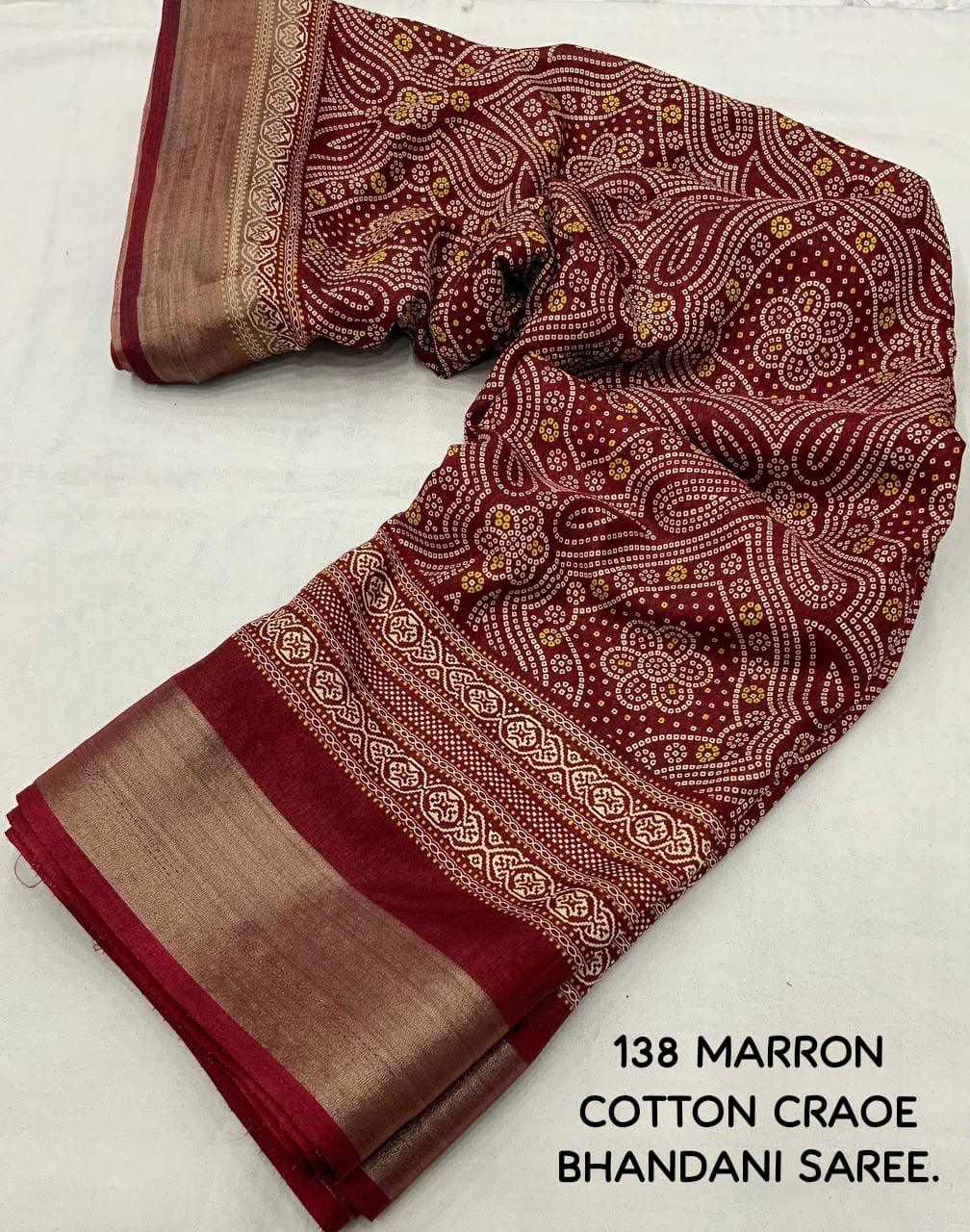 soft cotton crape Saree with bandhni prints and jaripattu woven border