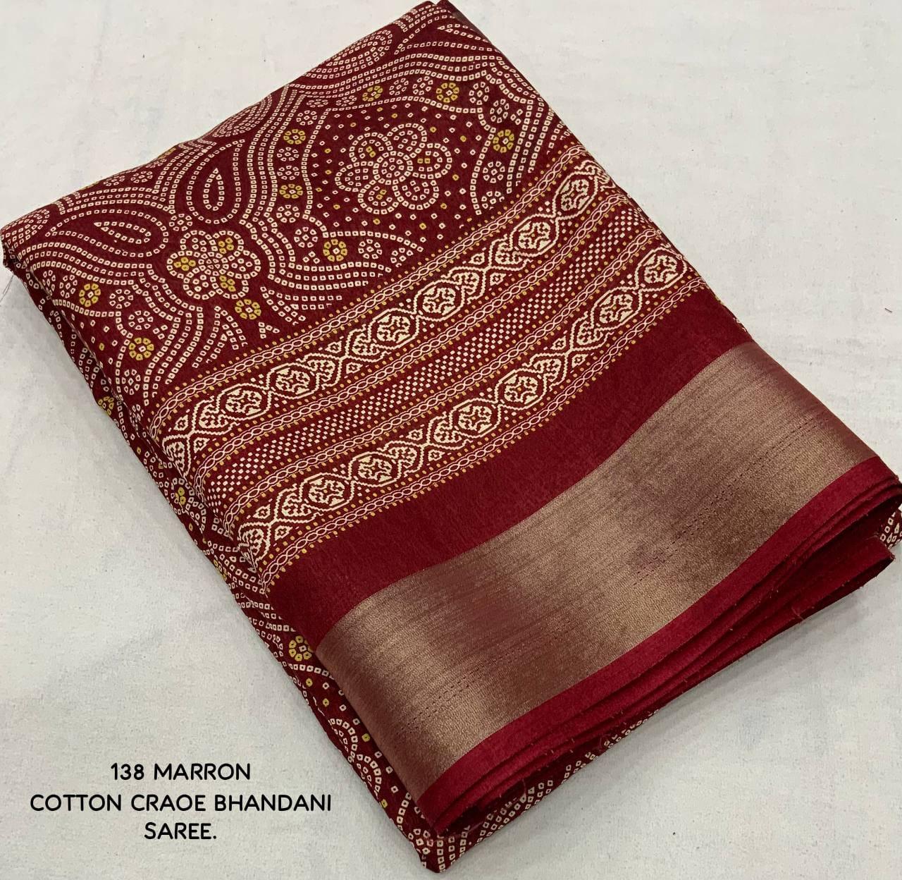 soft cotton crape Saree with bandhni prints and jaripattu woven border