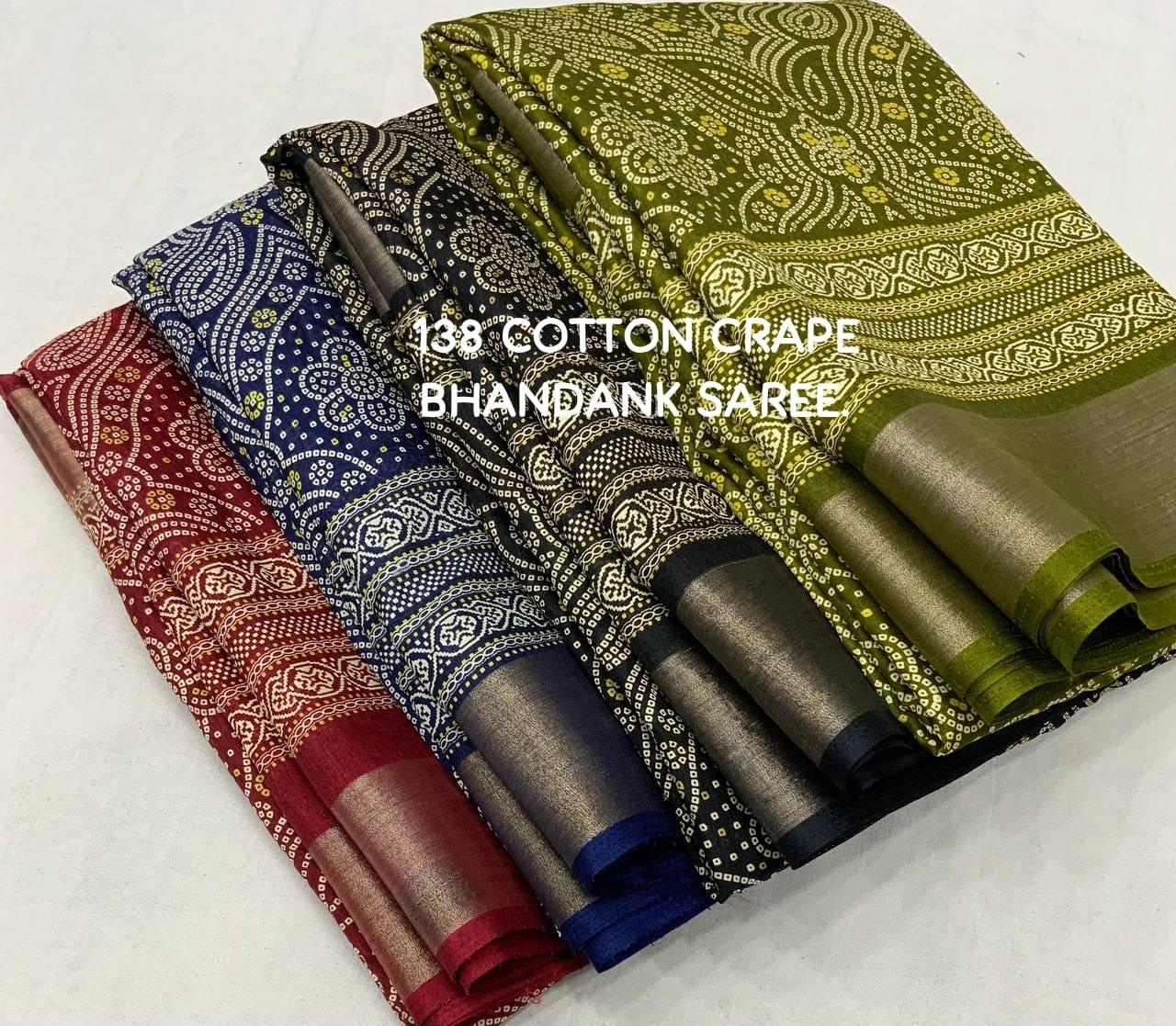 soft cotton crape Saree with bandhni prints and jaripattu woven border