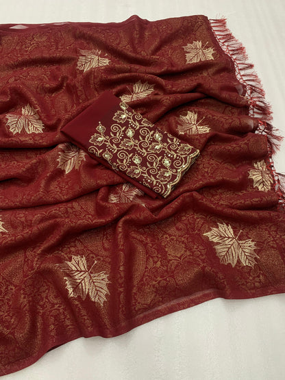 Georgette fabric with additional smoke work with beautiful leather foil with heavy tone to tone embroidary work blouse - Swaraas