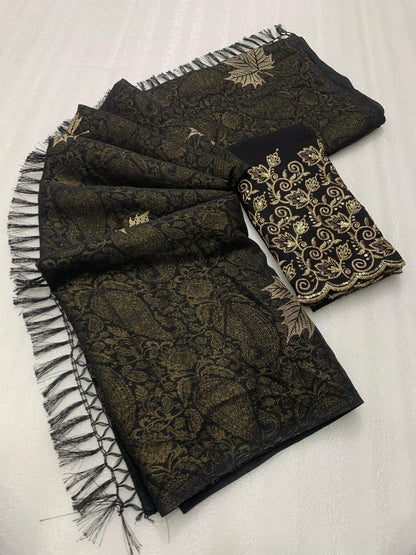 Georgette fabric with additional smoke work with beautiful leather foil with heavy tone to tone embroidary work blouse - Swaraas