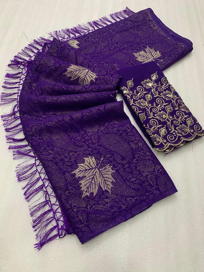Georgette fabric with additional smoke work with beautiful leather foil with heavy tone to tone embroidary work blouse - Swaraas