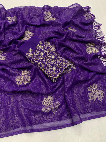 Georgette fabric with additional smoke work with beautiful leather foil with heavy tone to tone embroidary work blouse - Swaraas