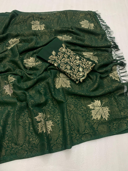 Georgette fabric with additional smoke work with beautiful leather foil with heavy tone to tone embroidary work blouse - Swaraas