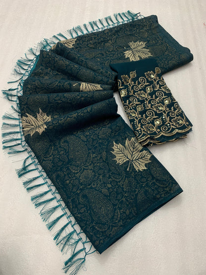 Georgette fabric with additional smoke work with beautiful leather foil with heavy tone to tone embroidary work blouse - Swaraas
