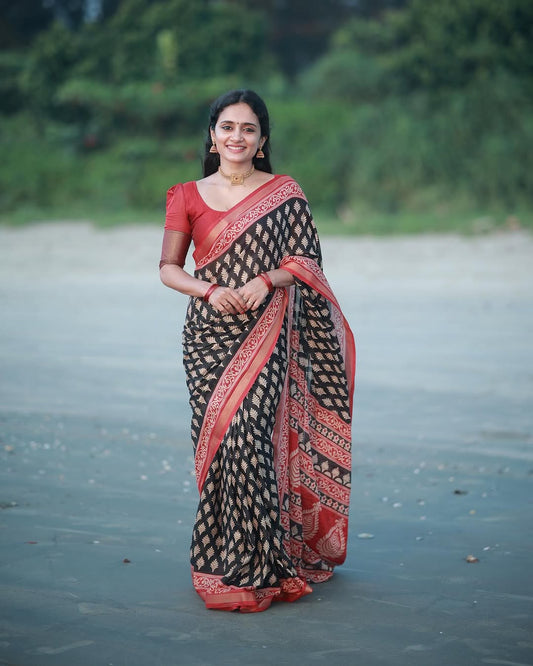 Pure Mul Cotton Ajrakh Print Saree with Running Blouse | Soft & Breathable Ethnic Wear by Swaraas