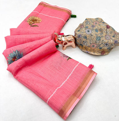 Women Floral Print Saree with Contrast Border