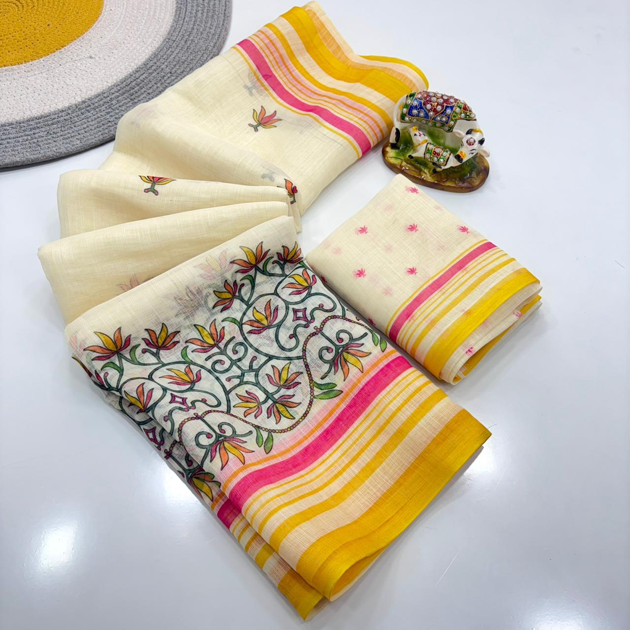 Women Floral Print Saree with Contrast Border