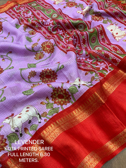 Pichwai Print Kota Doria Saree with Bentex Jacquard Border & Jhalar | Running Blouse
