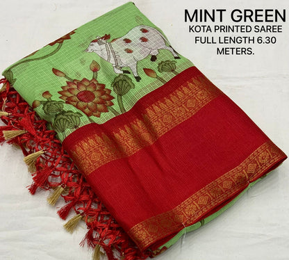 Pichwai Print Kota Doria Saree with Bentex Jacquard Border & Jhalar | Running Blouse