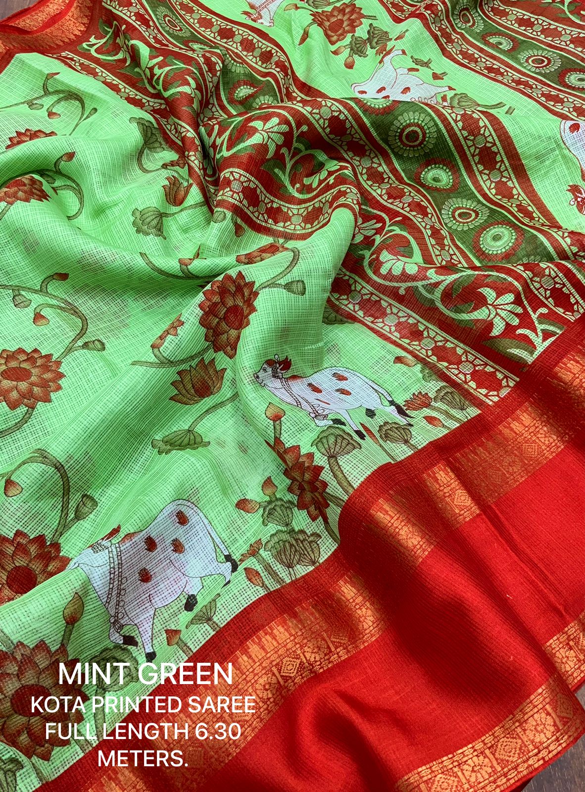 Pichwai Print Kota Doria Saree with Bentex Jacquard Border & Jhalar | Running Blouse