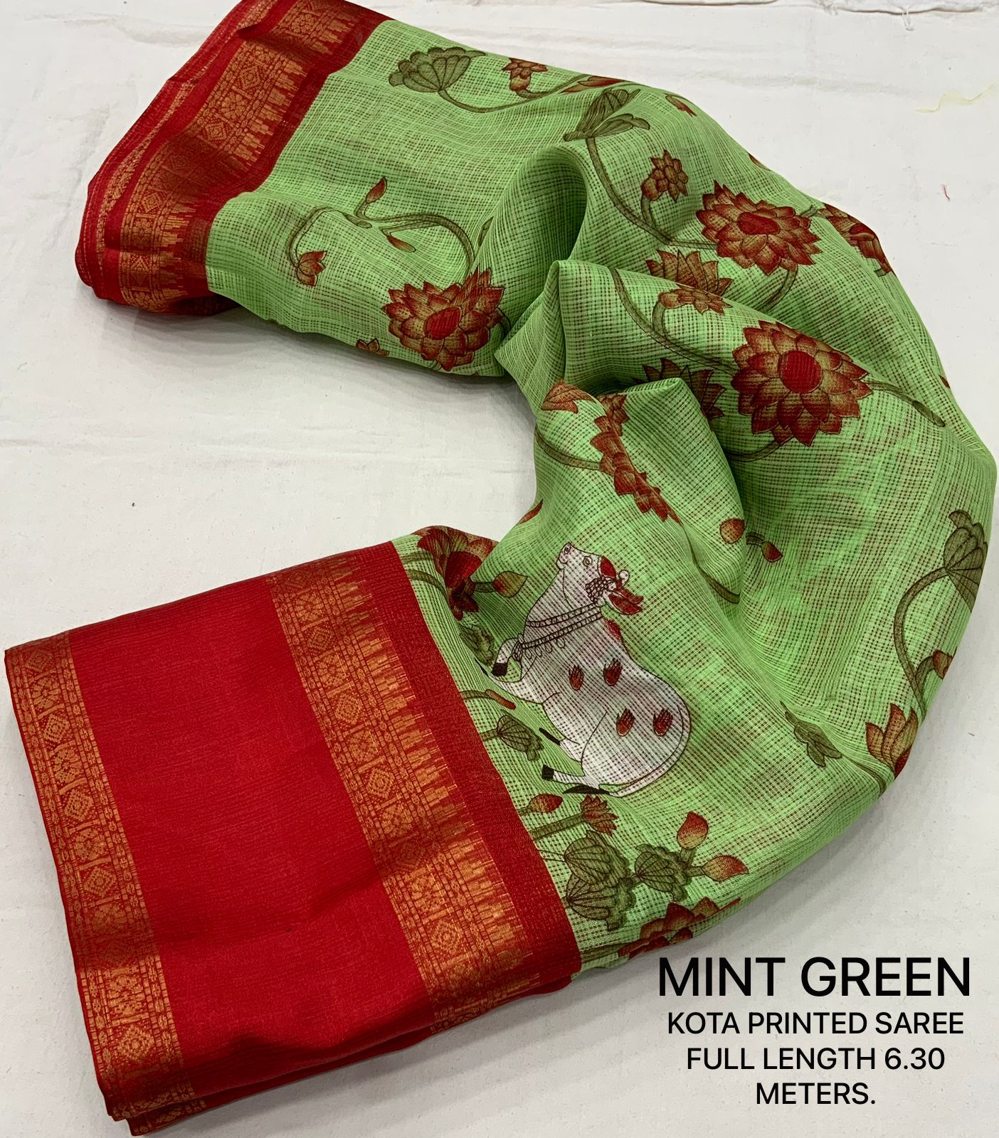 Pichwai Print Kota Doria Saree with Bentex Jacquard Border & Jhalar | Running Blouse