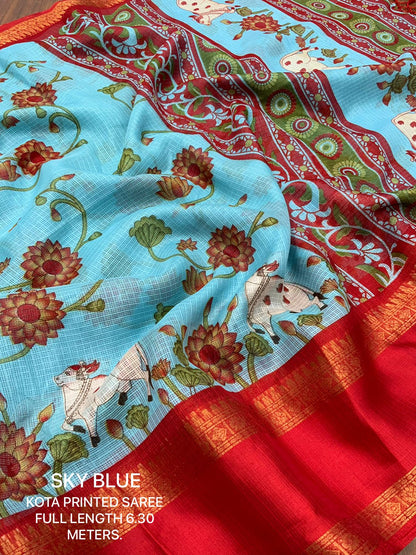 Pichwai Print Kota Doria Saree with Bentex Jacquard Border & Jhalar | Running Blouse
