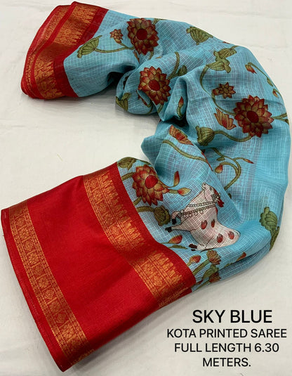 Pichwai Print Kota Doria Saree with Bentex Jacquard Border & Jhalar | Running Blouse