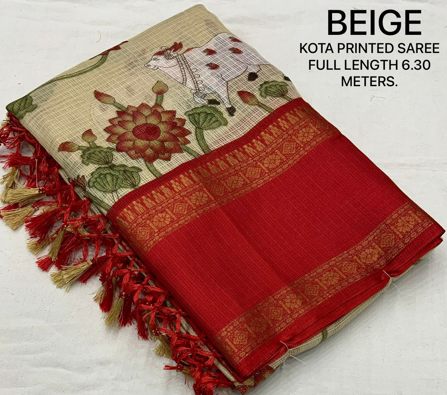 Pichwai Print Kota Doria Saree with Bentex Jacquard Border & Jhalar | Running Blouse