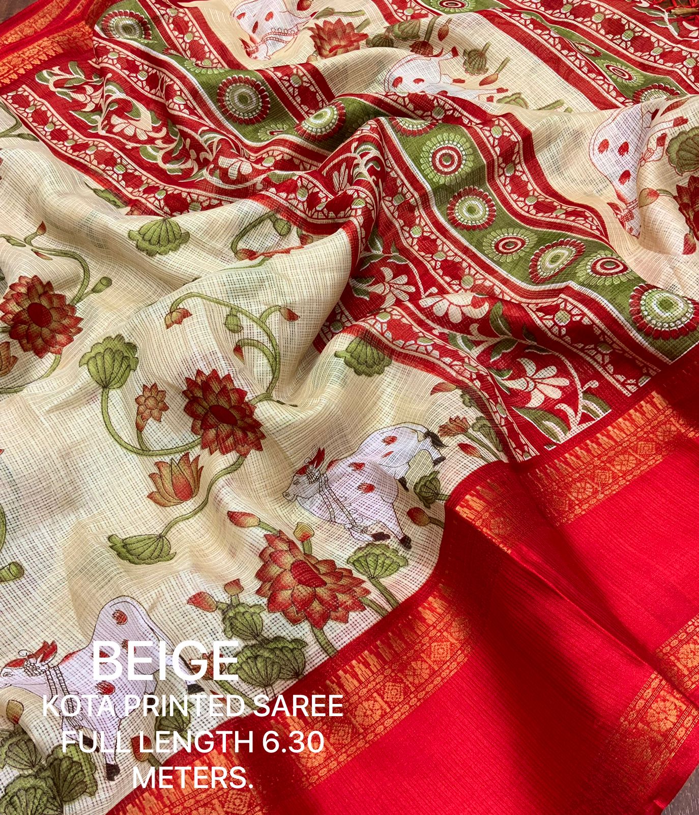 Pichwai Print Kota Doria Saree with Bentex Jacquard Border & Jhalar | Running Blouse