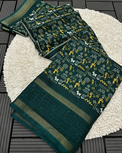 Soft Dola Silk Kalamkari Saree with Worli Print & Sequin Border | Printed Blouse – Swaraas