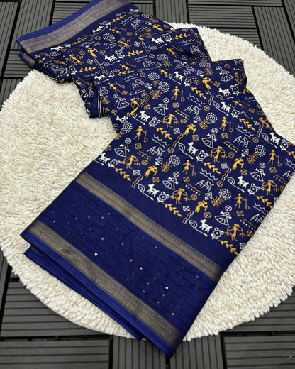 DOLA SILK SAREE WITH WORLI PRINT AND SEQUENCE BORDER - Swaraas
