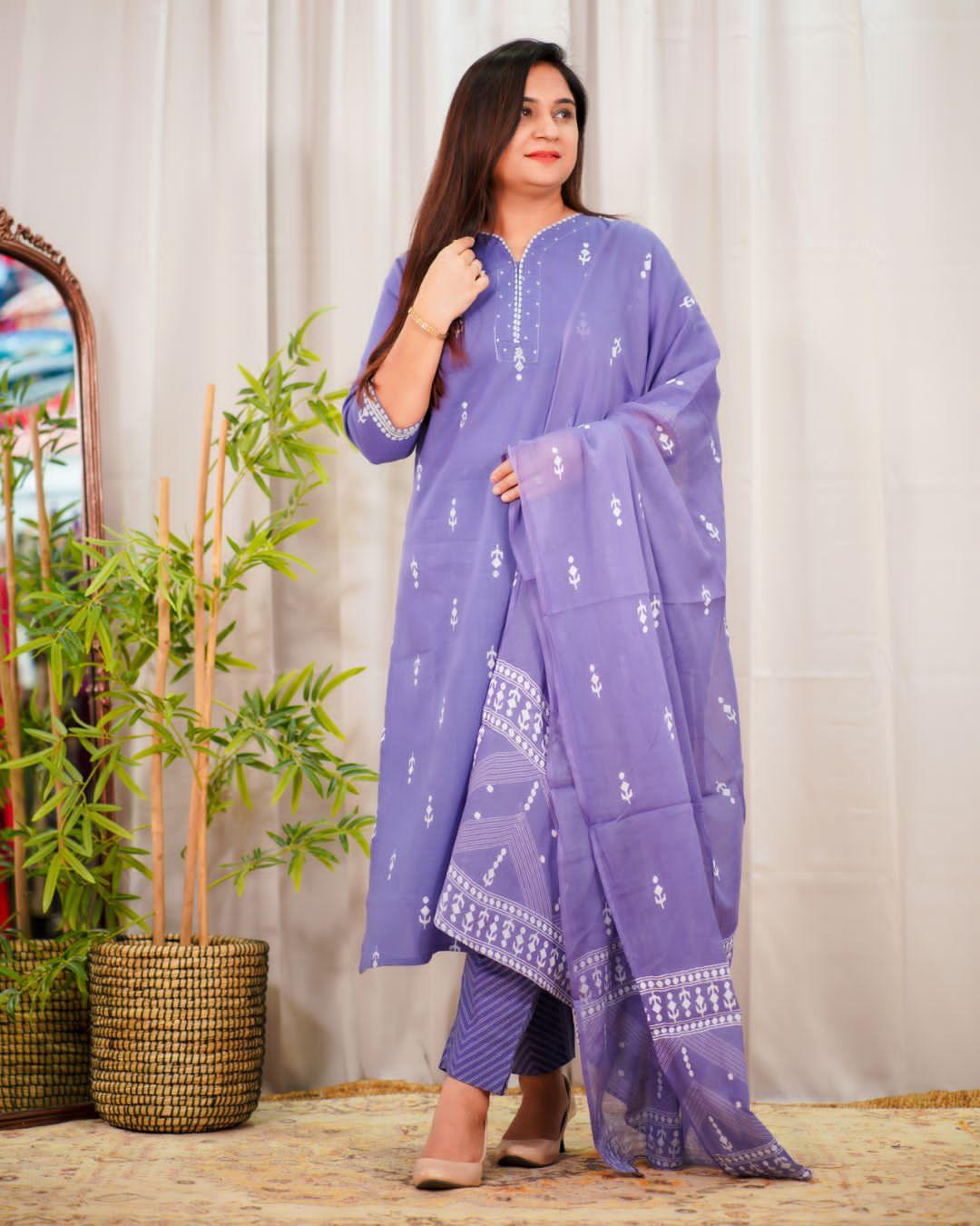 Beutiful Pure Cotton aline Kurta set with Block print Stylish Front  Cotton Pent With Pure Mul Cotton DUPPTA