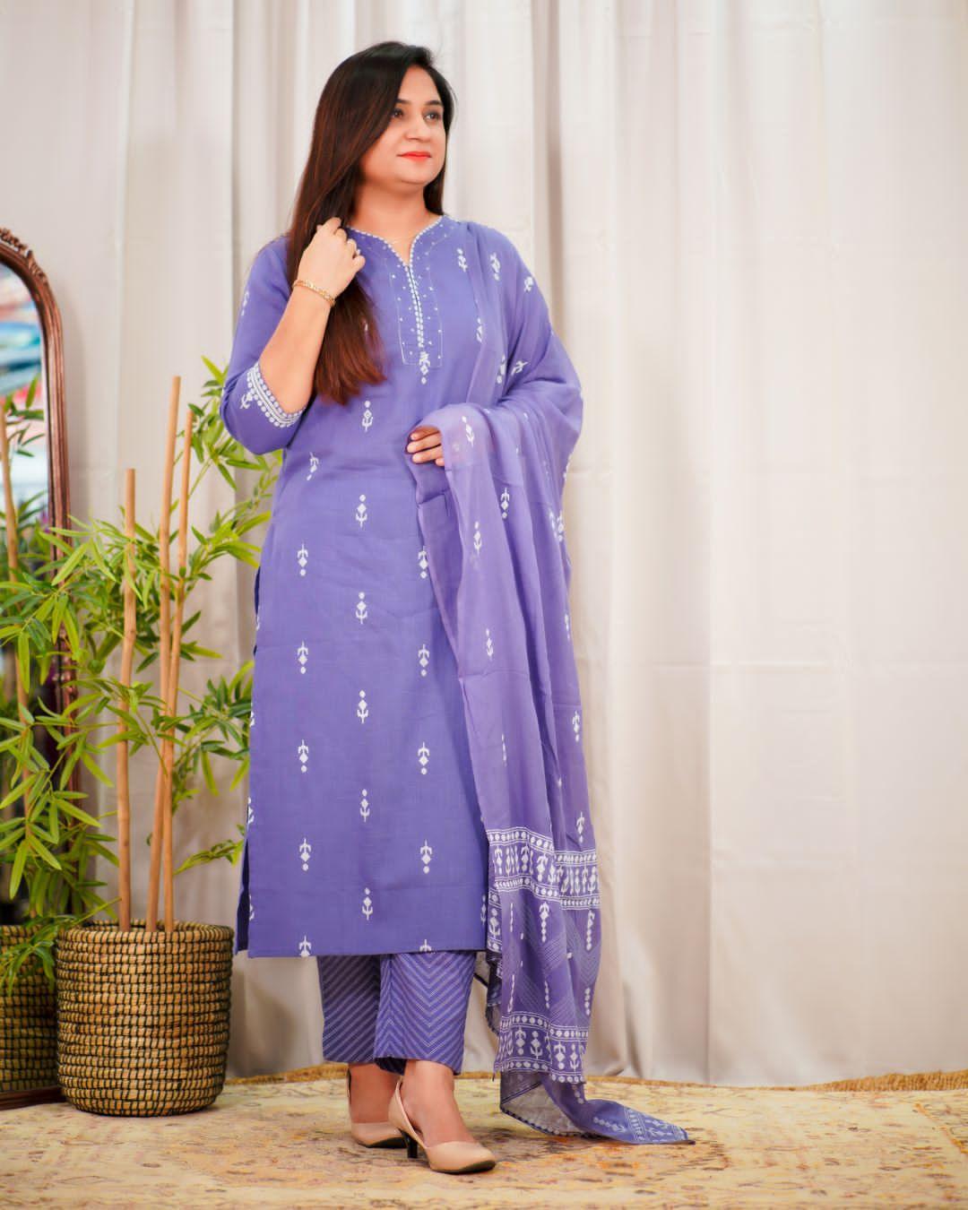 Beutiful Pure Cotton aline Kurta set with Block print Stylish Front  Cotton Pent With Pure Mul Cotton DUPPTA