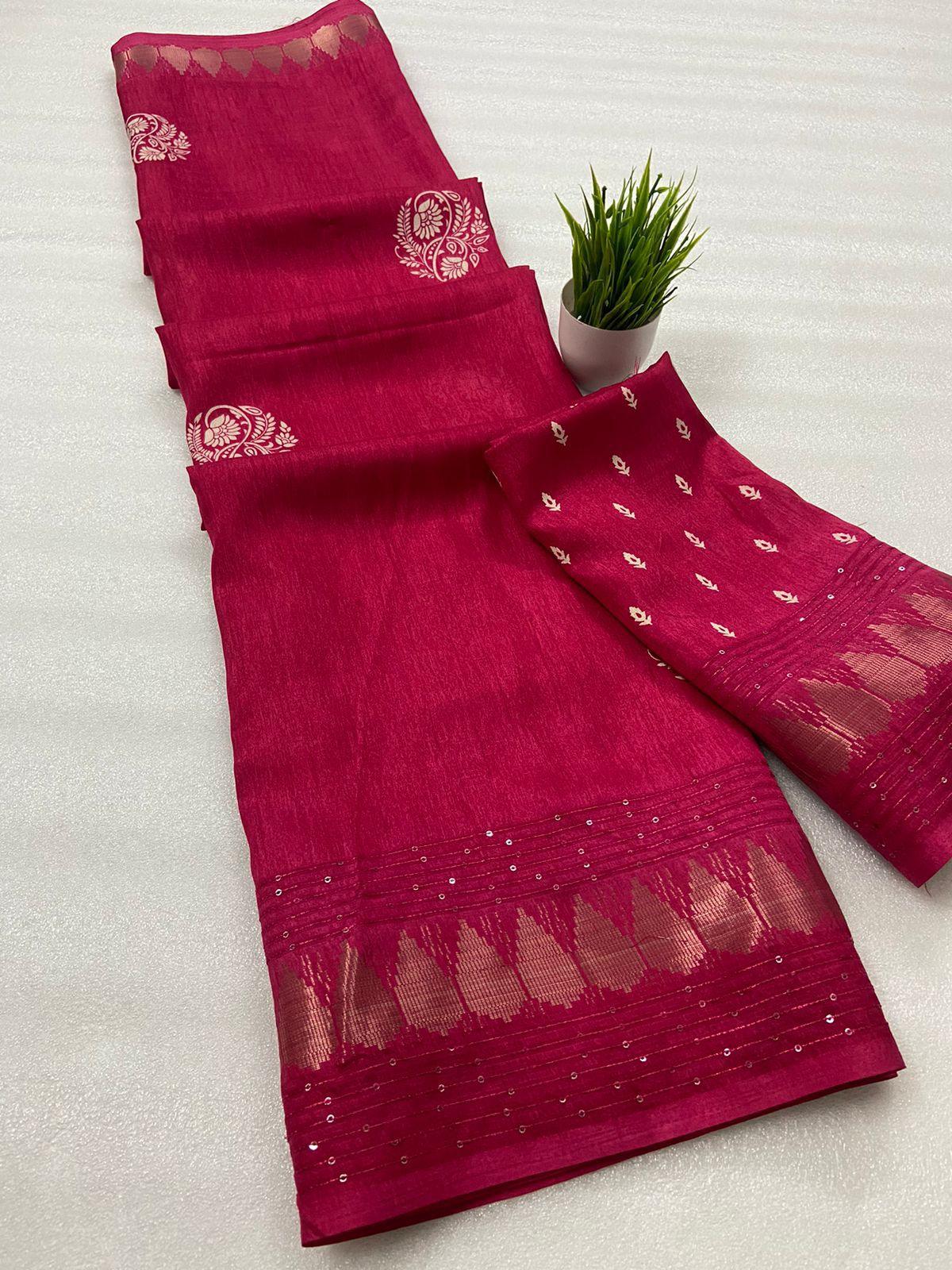 Pure Meghna slub Silk with Weave sequnce and printed Reach Pallu Blouse running with butti