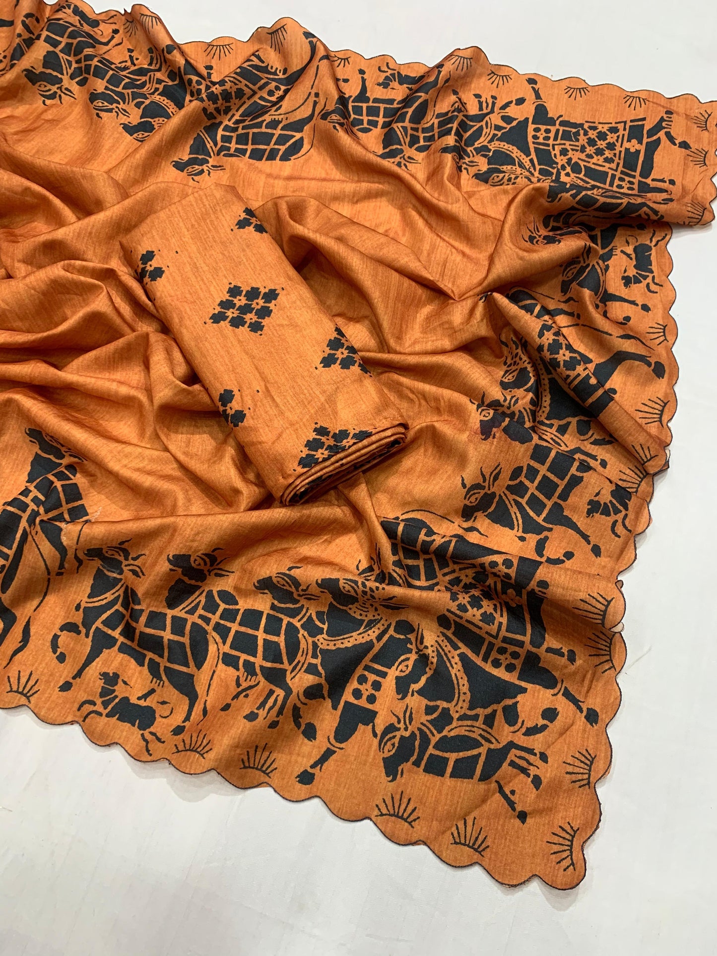 Tussar silk saree with cutwork and ikkat printed blouse