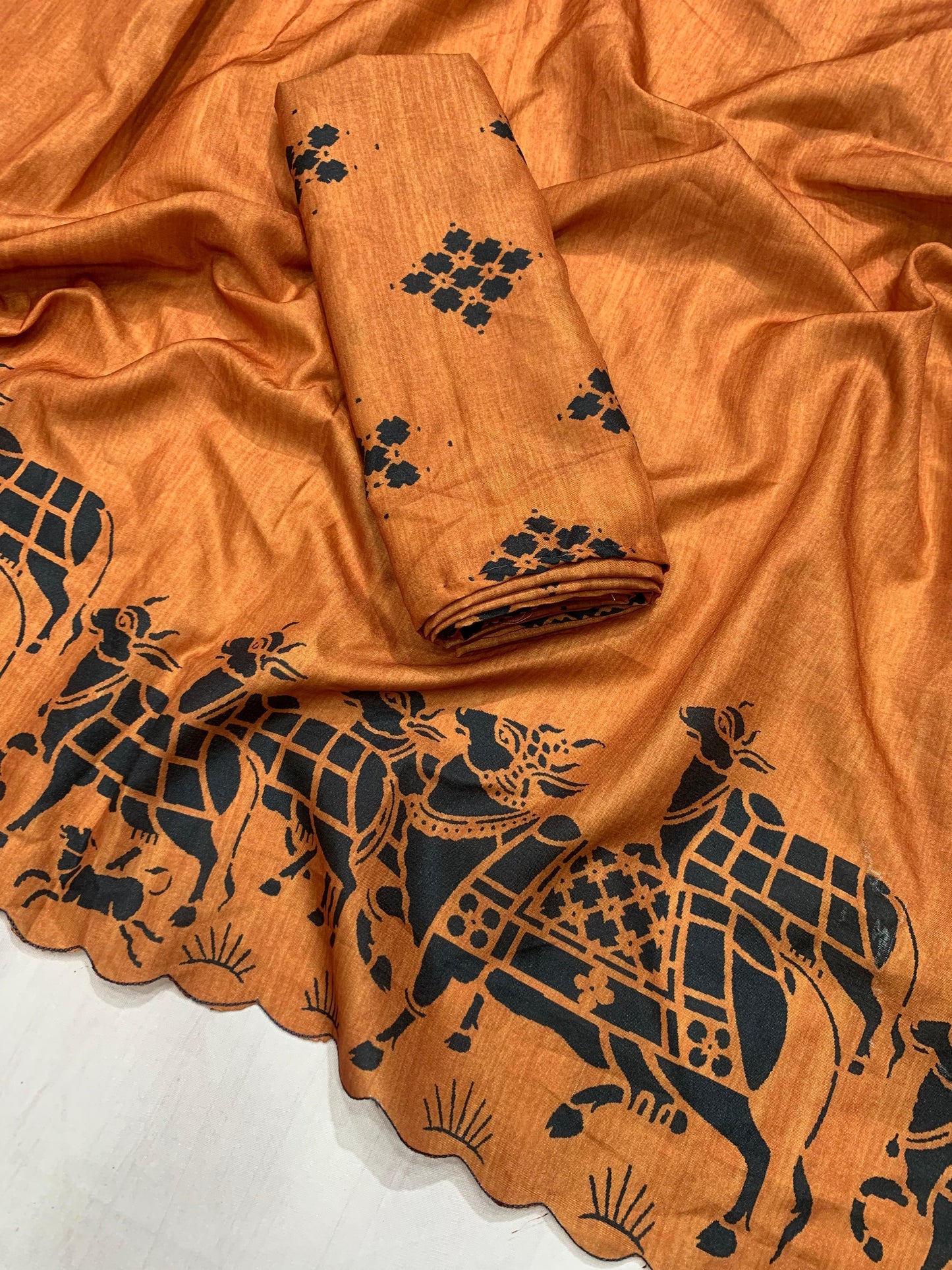 Tussar silk saree with cutwork and ikkat printed blouse