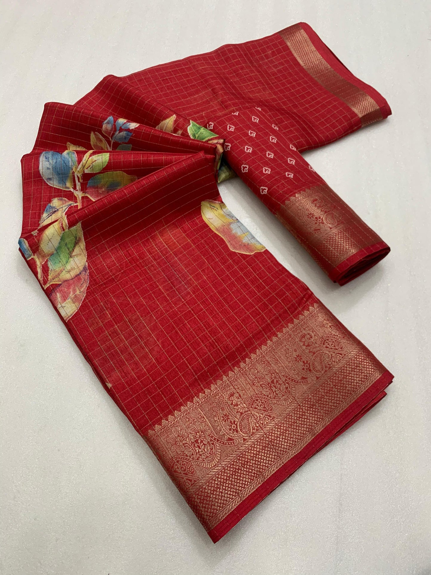 Designer hand  printed saree with zari weaving checks and boder