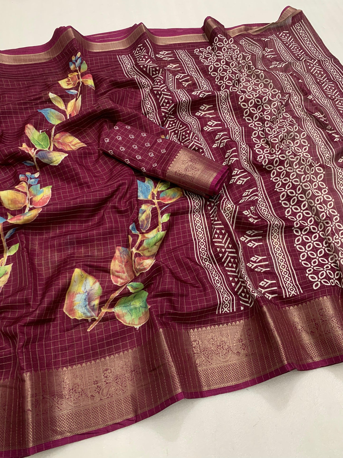 Designer hand  printed saree with zari weaving checks and boder