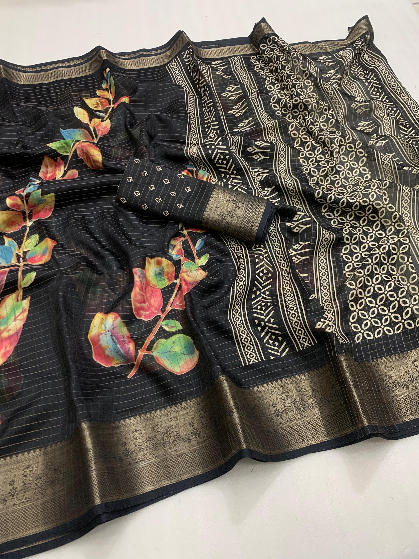 Designer hand  printed saree with zari weaving checks and boder