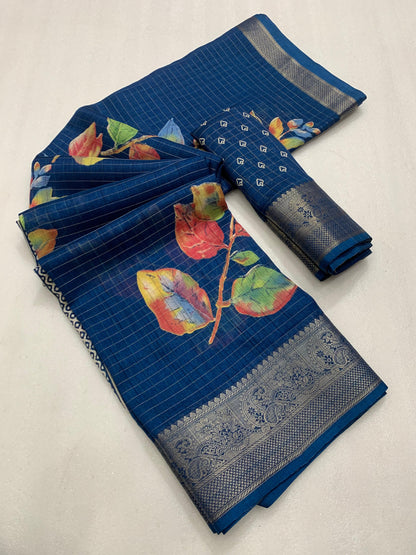 Designer hand printed saree with zari weaving checks and boder - Swaraas