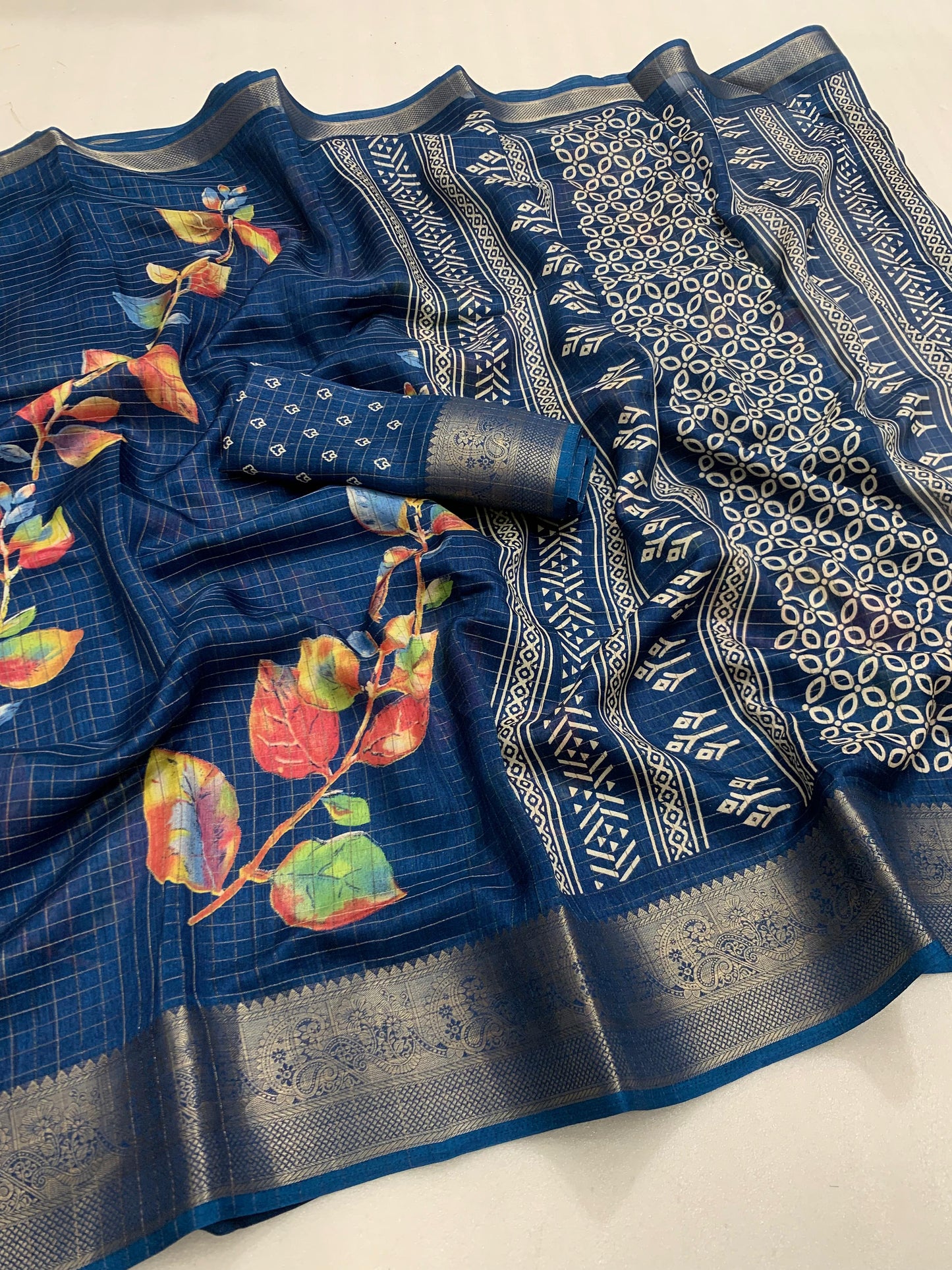 Designer hand  printed saree with zari weaving checks and boder