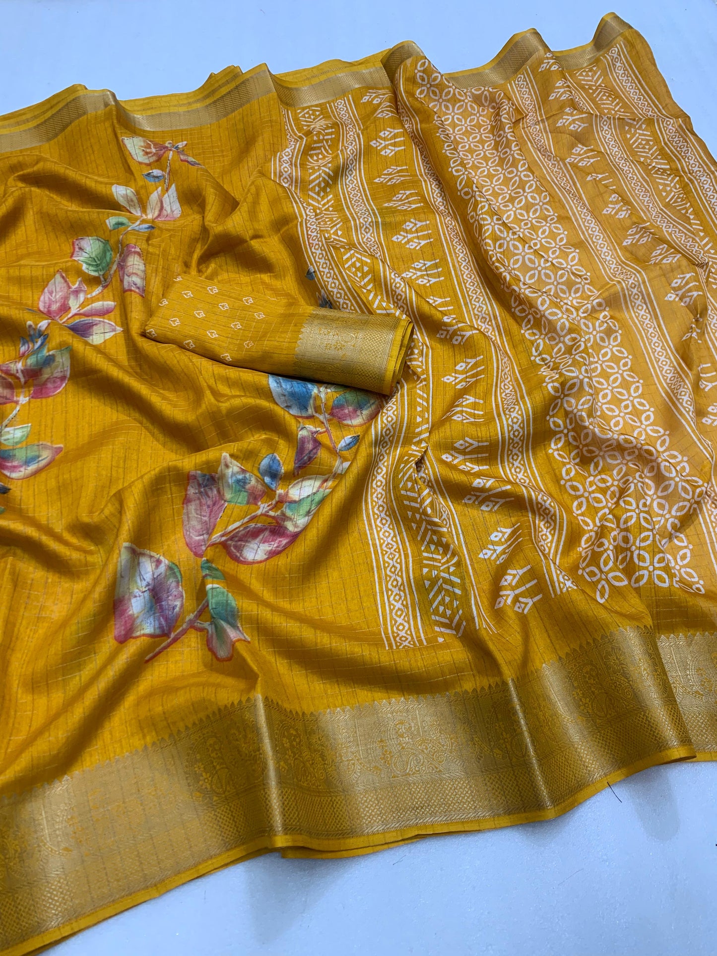 Designer hand  printed saree with zari weaving checks and boder