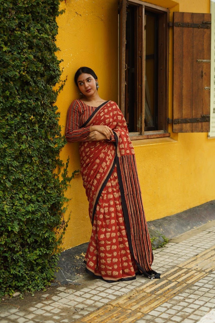 Pure Chanderi Saree With Golden Zari Piping border with beautiful latkan - Swaraas