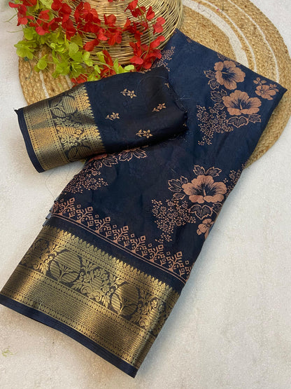Soft delta moss saree with floral print and self jacquard all over with tassels on pallu - Swaraas
