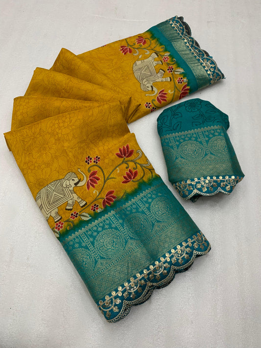 Beautiful Benny crape saree with all over kalamkari design along with scallop maggam work lace at border - Swaraas