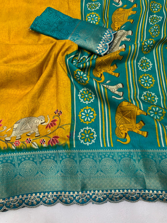 Beautiful Benny crape saree with all over kalamkari design along with scallop maggam work lace at border - Swaraas