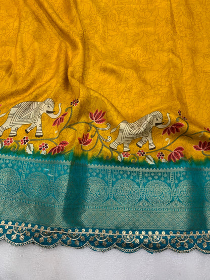 Beautiful Benny crape saree with all over kalamkari design along with scallop maggam work lace at border - Swaraas