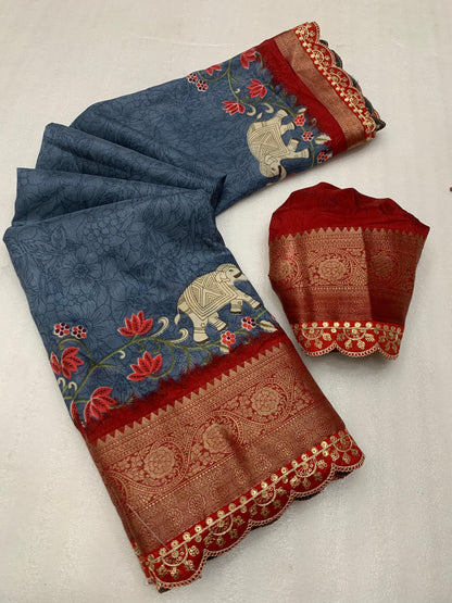 Beautiful Benny crape saree with all over kalamkari design along with scallop maggam work lace at border - Swaraas