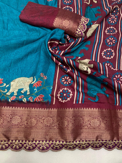 Beautiful Benny crape saree with all over kalamkari design along with scallop maggam work lace at border - Swaraas
