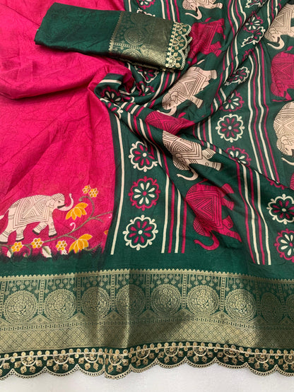 Beautiful Benny crape saree with all over kalamkari design along with scallop maggam work lace at border - Swaraas