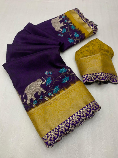 Beautiful Benny crape saree with all over kalamkari design along with scallop maggam work lace at border - Swaraas