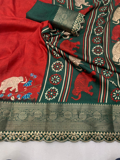 Beautiful Benny crape saree with all over kalamkari design along with scallop maggam work lace at border - Swaraas
