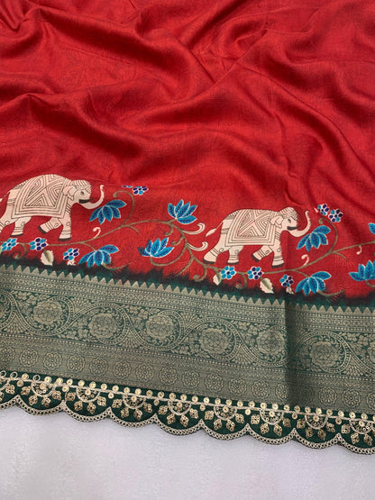 Beautiful Benny crape saree with all over kalamkari design along with scallop maggam work lace at border - Swaraas