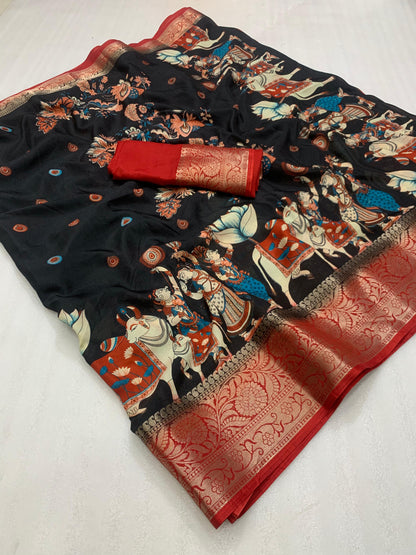 Soft Heavy Dolla Silk Fabric With Mill Print And Beautiful Jaquard Weaving Border And Contrast Printed Blouse - Swaraas