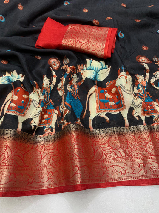 Soft Heavy Dolla Silk Fabric With Mill Print And Beautiful Jaquard Weaving Border And Contrast Printed Blouse